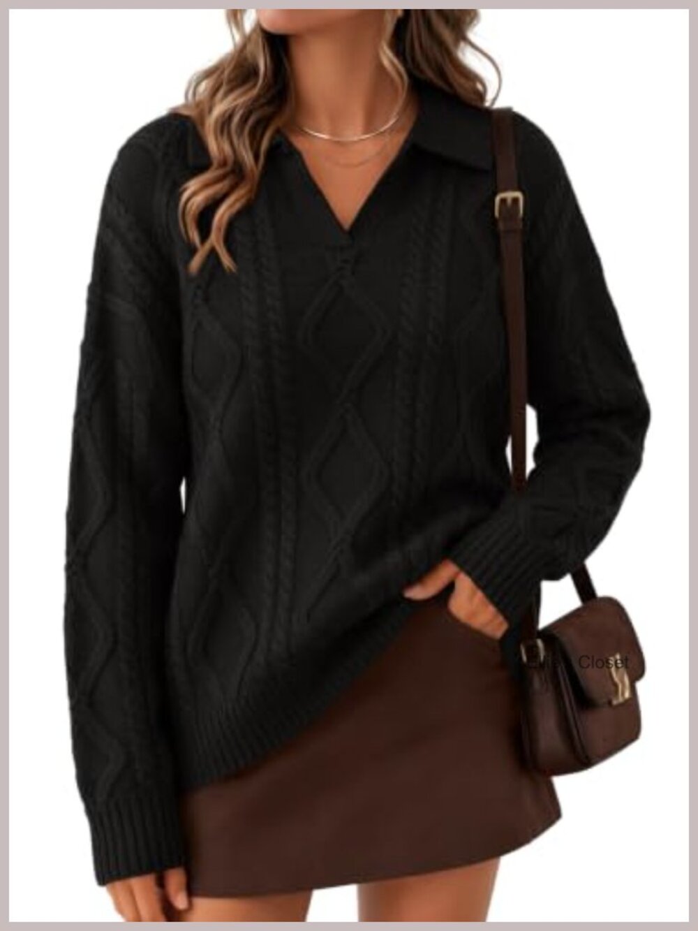 Oversized Cable Knit V Neck Polo Pullover Sweater